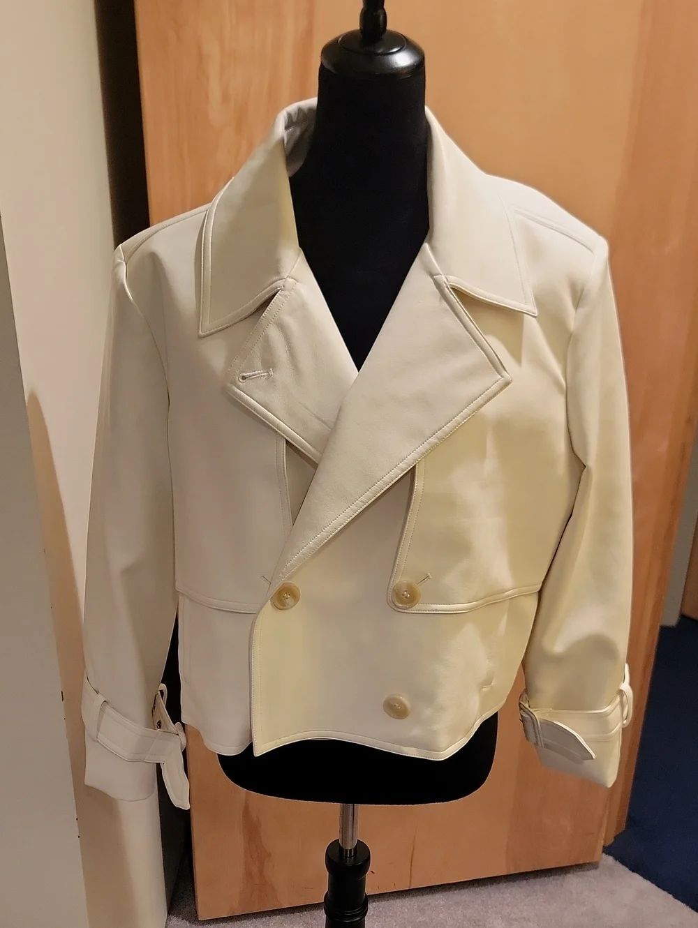 Rachel Parcell Cream Double-Breasted Pea Coat Faux Leather XL